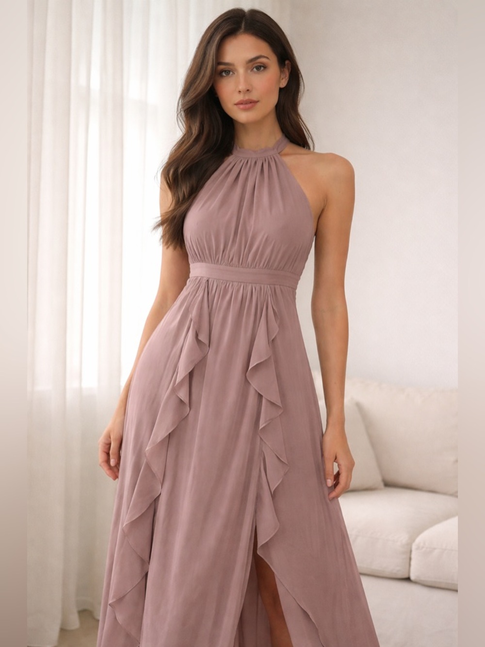 Birdy Grey Mauve Halter Maxi Dress Bridesmaid‎ Size Large